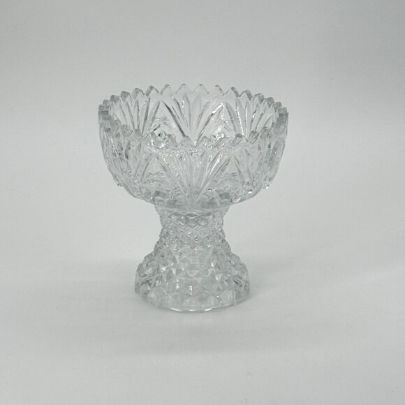 Vintage Footed Clear Cut Glass Bowl With Sawtooth Rim 5" Tall Heavy Decorative P - Picture 4 of 10